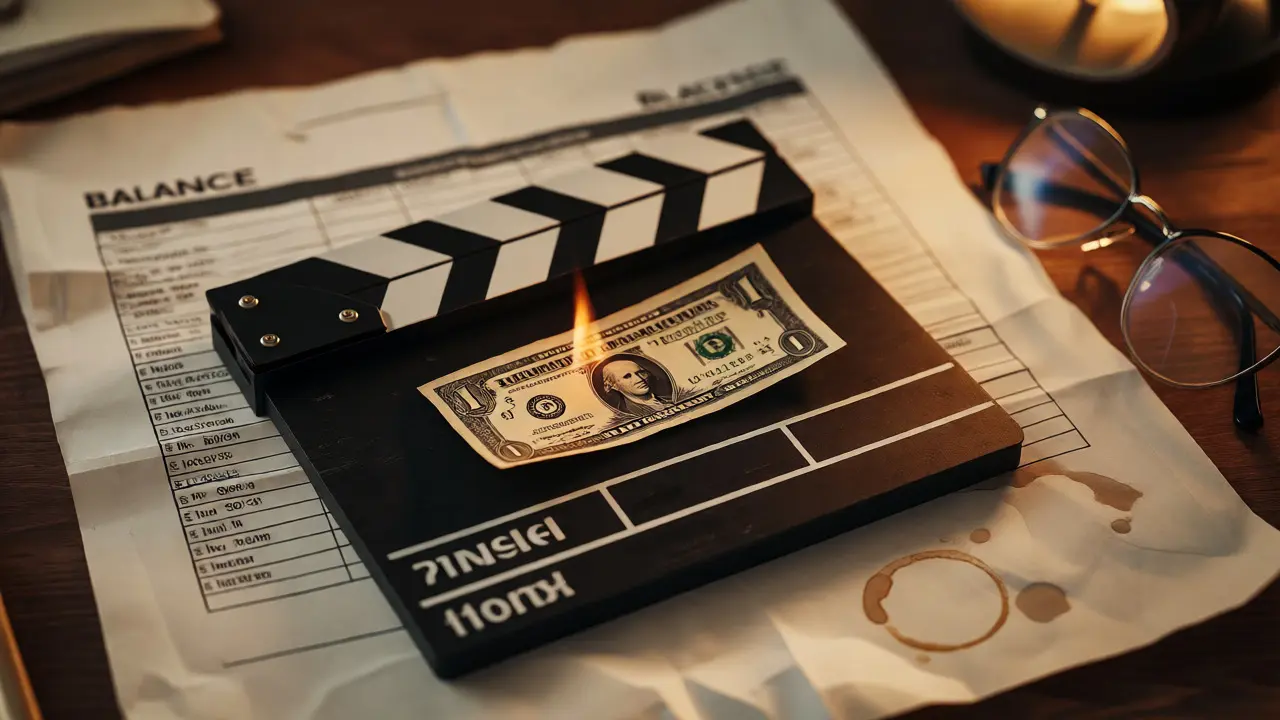 Clapperboard with burning dollar bill next to a balance sheet on a desk