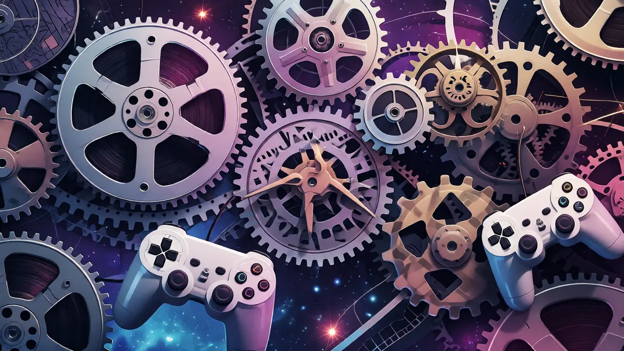 Clockwork gears made of media formats against a starry backdrop.