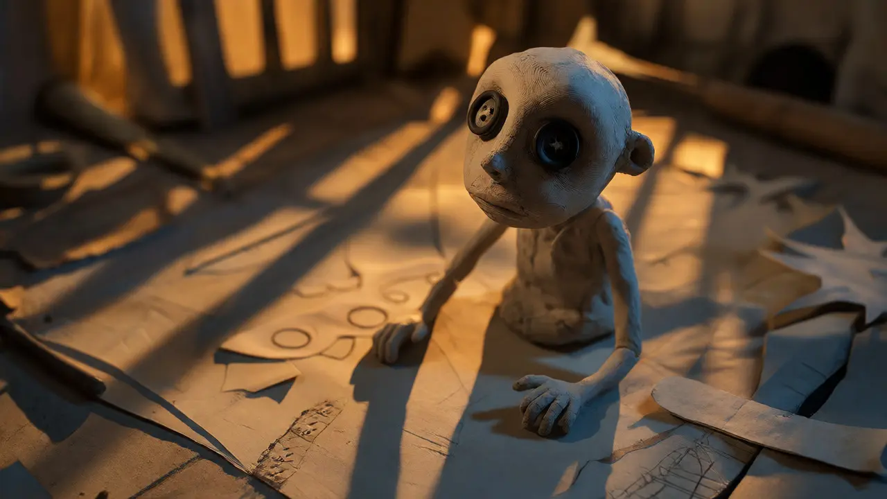 Close-up of a handmade clay stop-motion puppet with button eyes in a moody, shadowy workshop setting.
