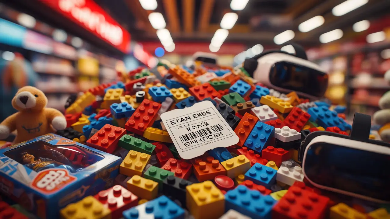 Close-up of a movie ticket surrounded by toys, games, and tech representing ancillary franchise revenue.