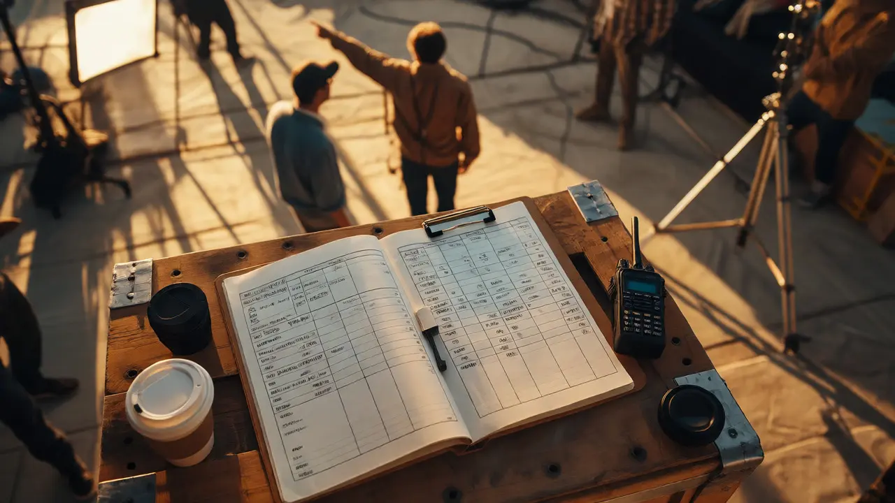 Close-up of a production logbook and gear on a sunny film set during a break.