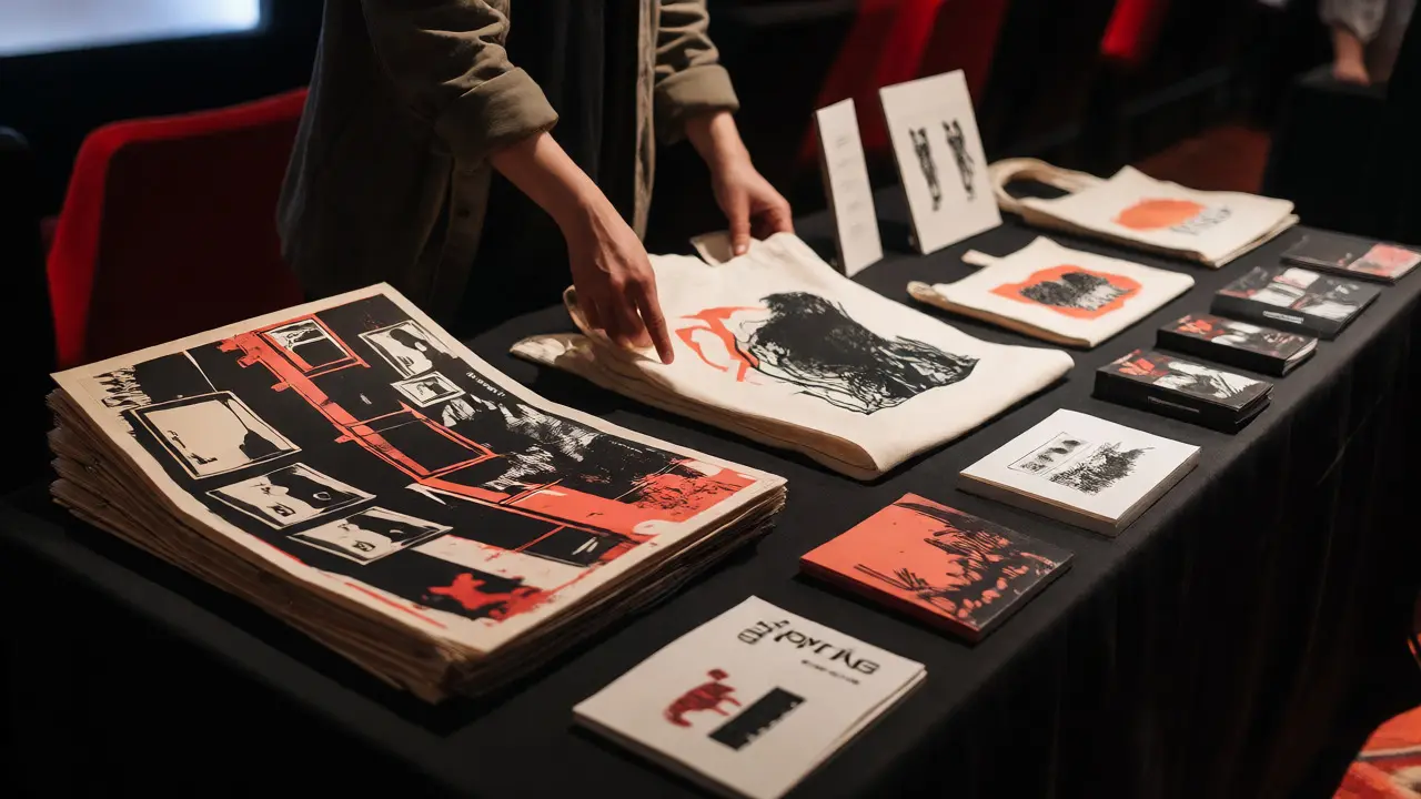 Close-up of curated art-house merchandise including limited-edition posters and tote bags.