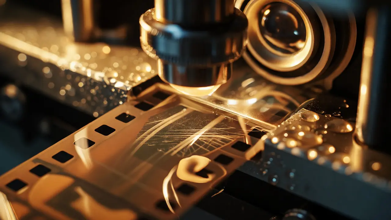 Close-up of film passing through a wet-gate scanner during digitization process.