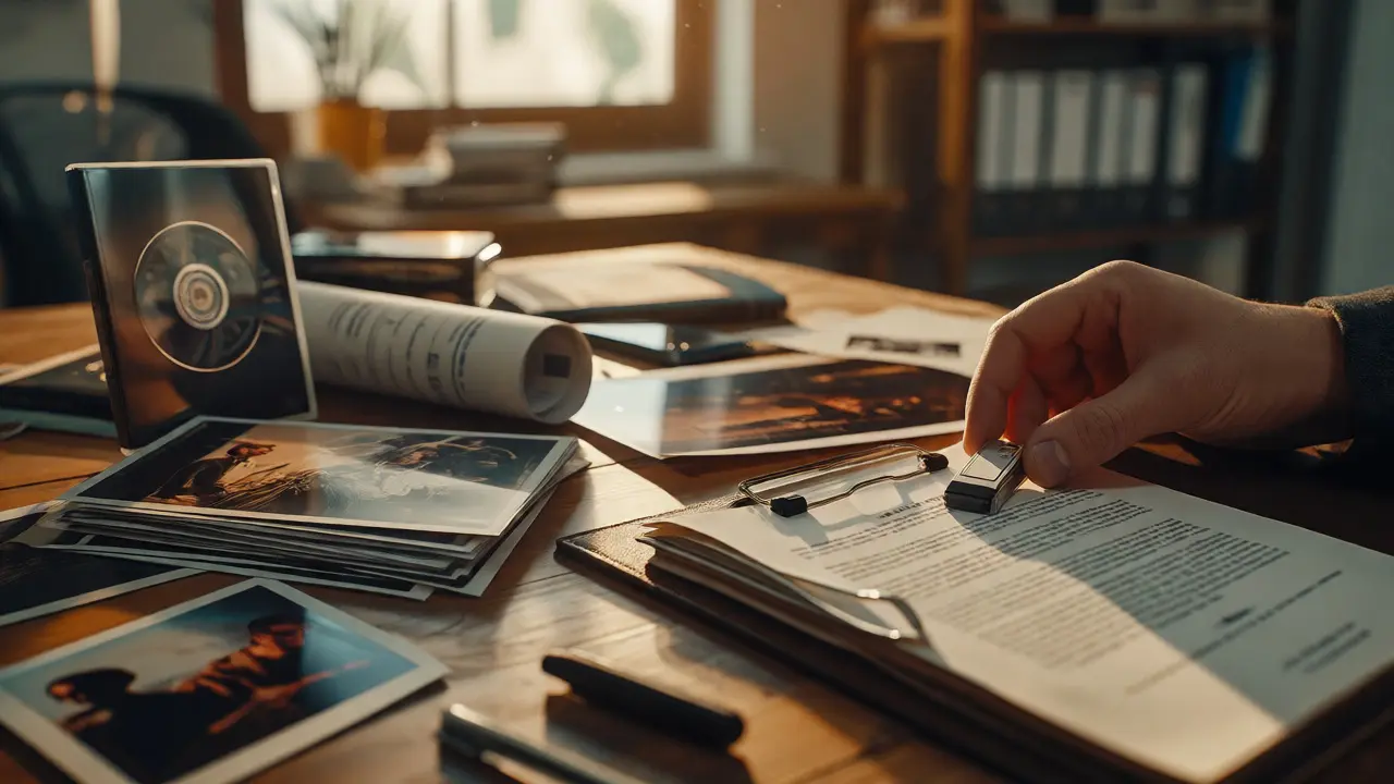 Close-up of film sales materials and contracts on a desk