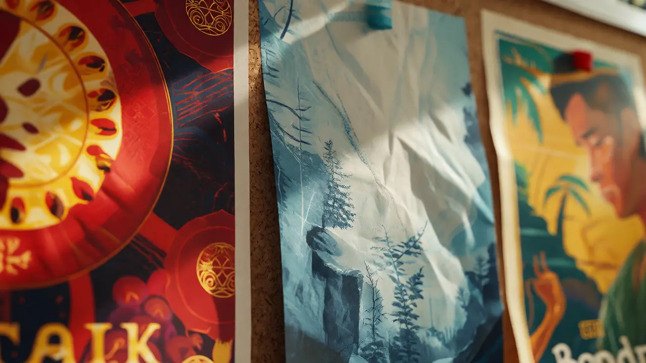 Close-up of overlapping film posters showing diverse cultural color palettes like red-gold and Nordic blues.