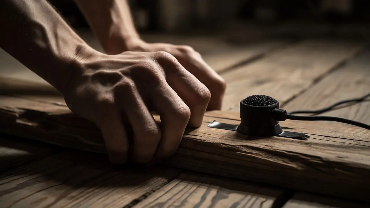 Close-up of strained hands and contact mic on floor