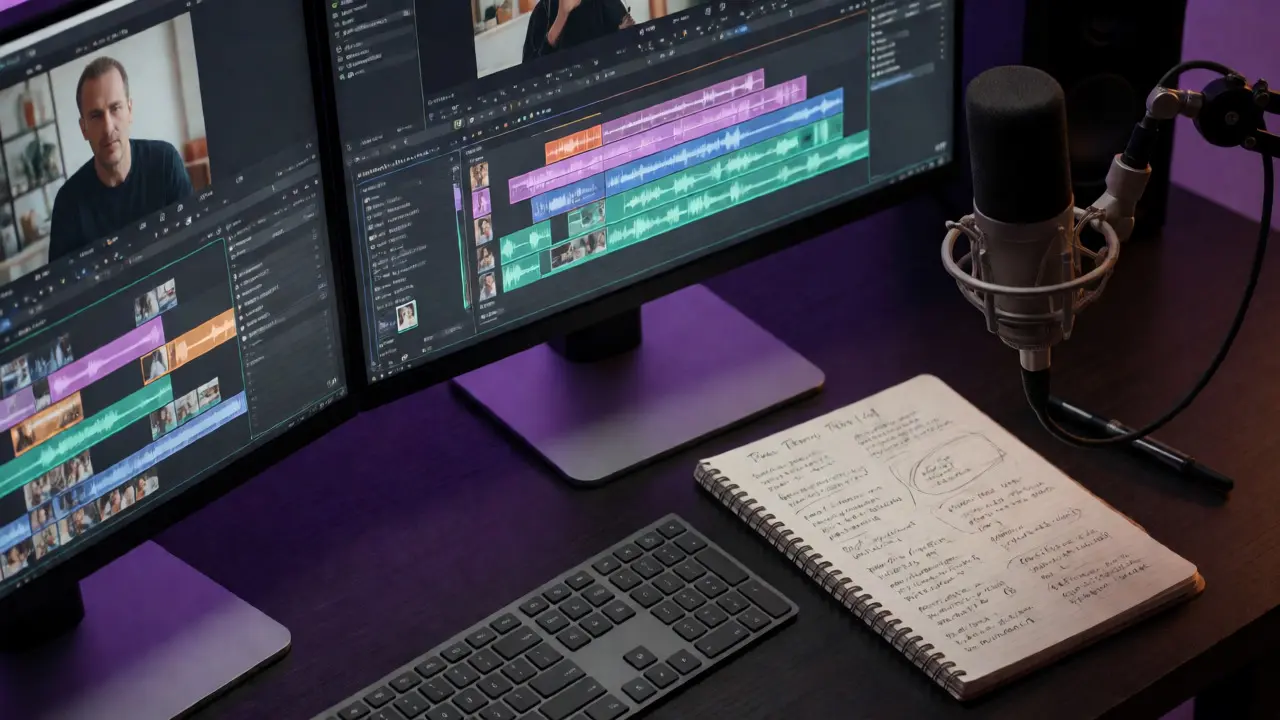 Close-up of video editing setup with timeline and microphone