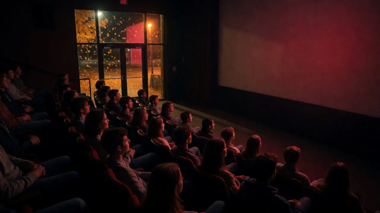 College students watching a horror film in a theater with autumn scenery visible outside.