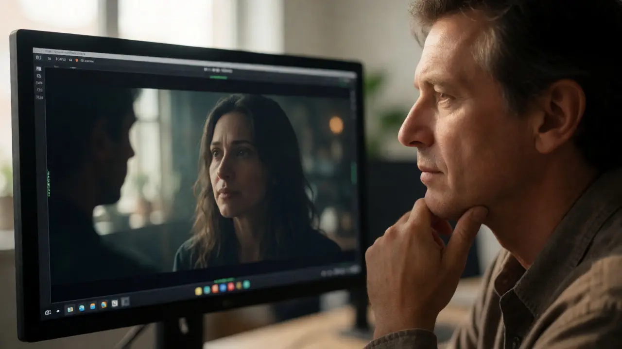 Colorist contemplating emotional nuance on a reference monitor