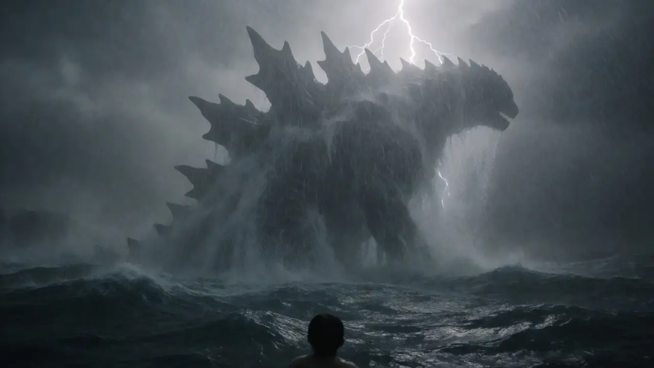 Colossal Kaiju silhouette emerging from stormy ocean waters, emphasizing scale and atmospheric mystery.