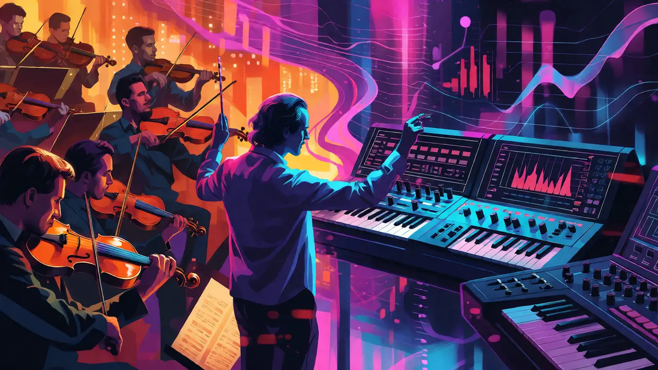 Composer bridging classical orchestra and electronic synths in a vibrant setting.