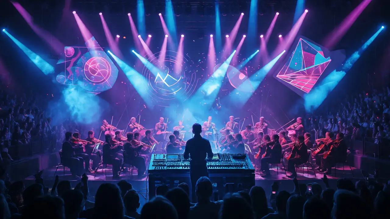 Composer performing with orchestra in a light-filled arena concert