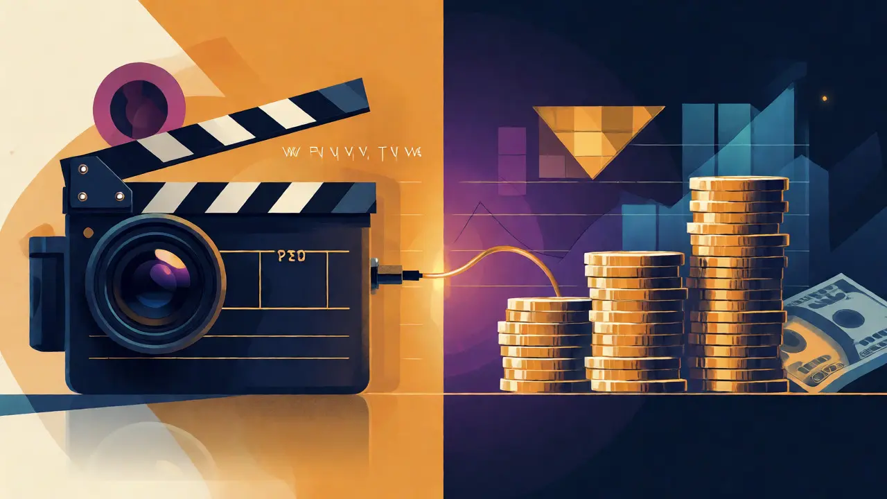 Conceptual art linking film cameras and money via a golden thread.