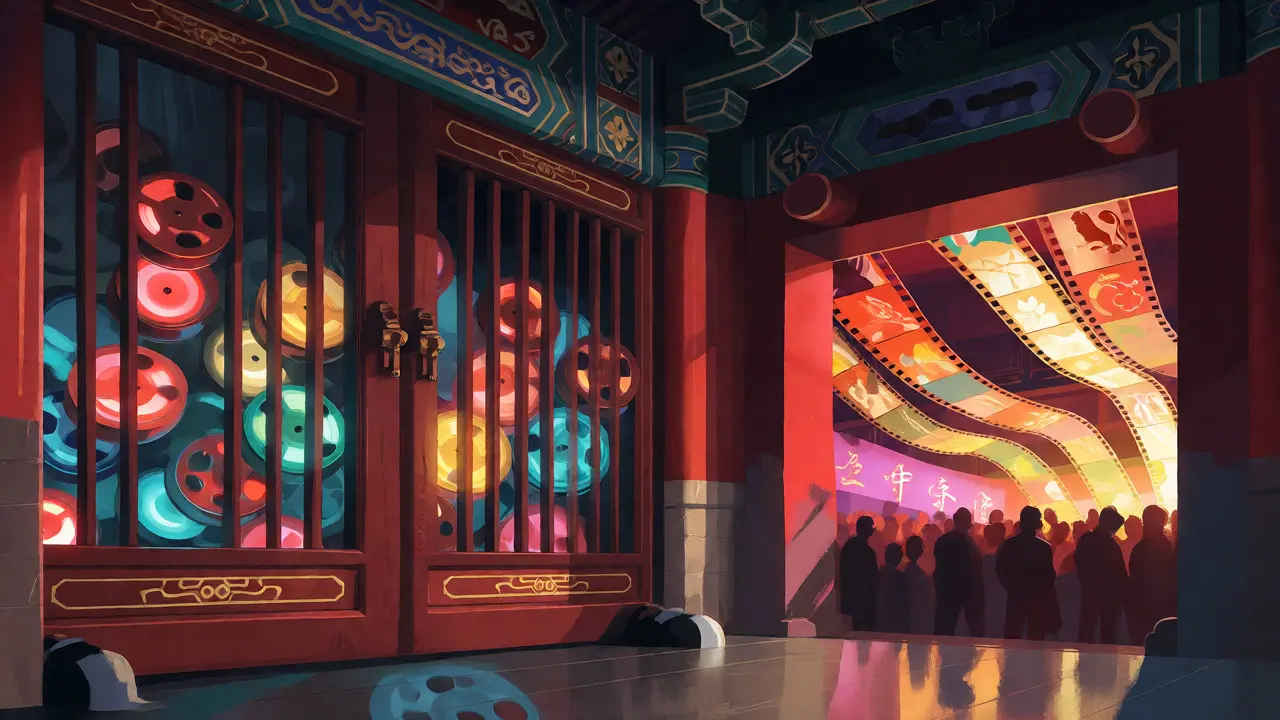 Conceptual art of film reels passing through a bottlenecked Chinese gate.
