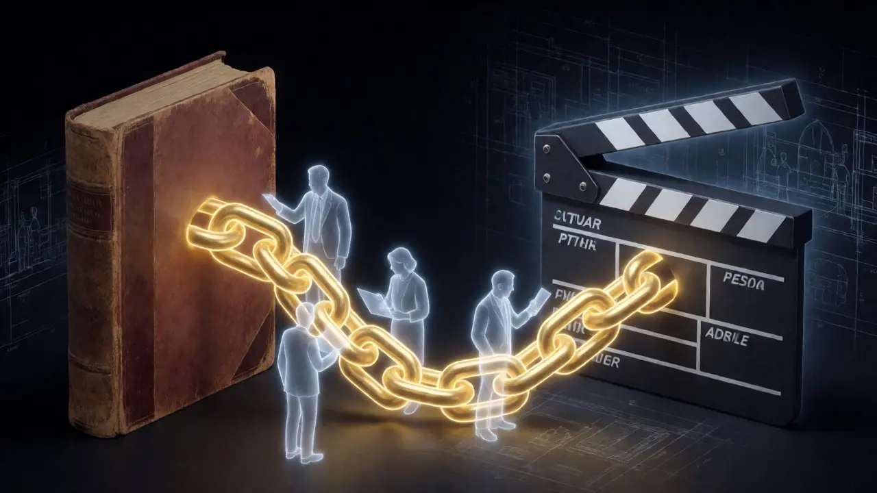Conceptual art showing a golden chain connecting a book to a film clapperboard.