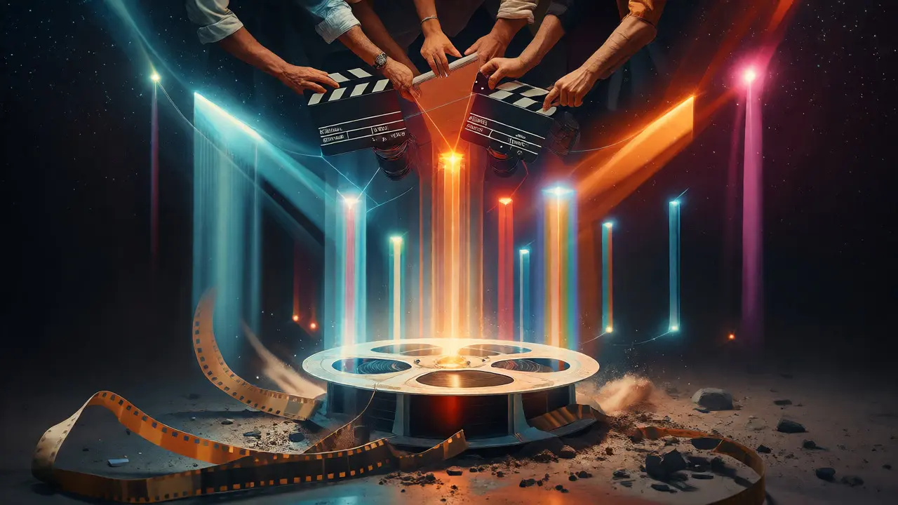 Conceptual art showing diverse filmmakers rising from Hollywood's fading dominance.