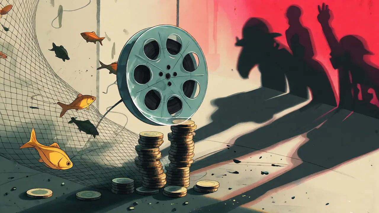 Conceptual art showing fragile indie film finances amidst blockbuster pressure