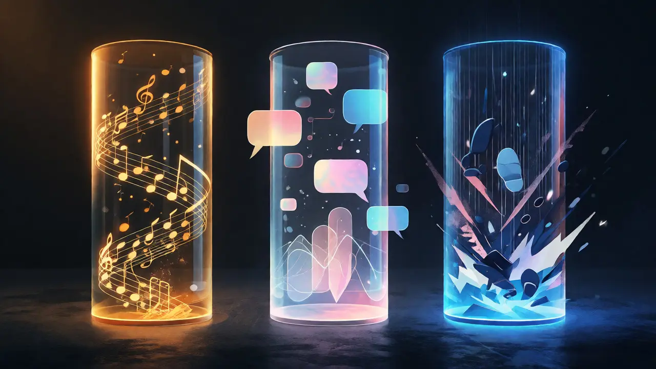 Conceptual art showing separated music, dialogue, and effects audio stems