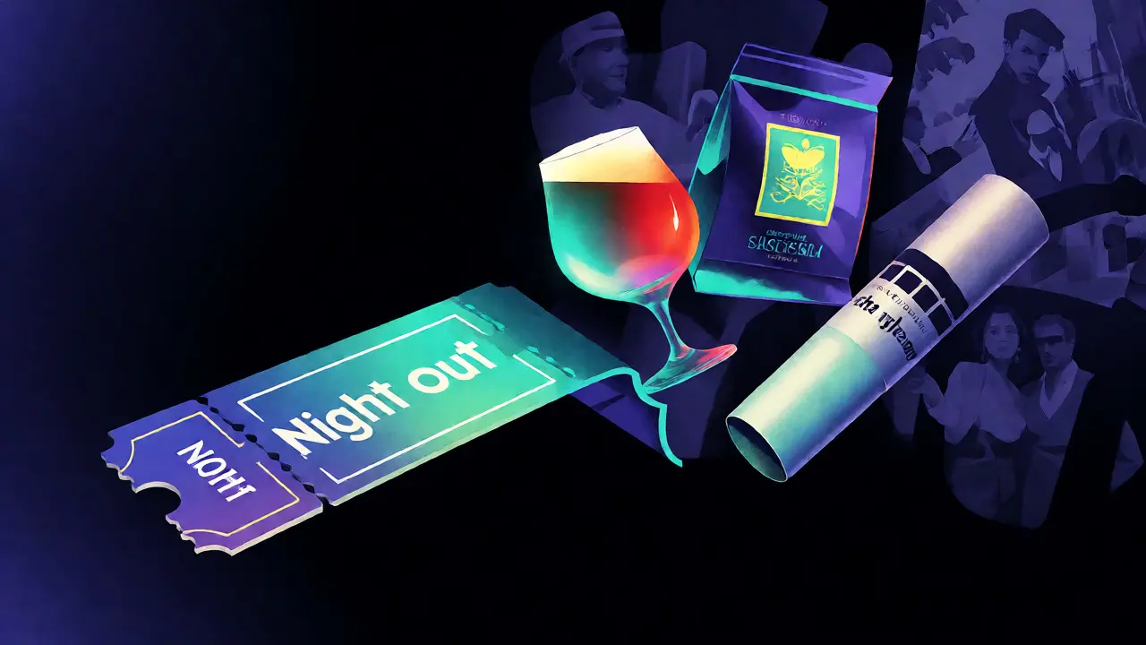 Conceptual illustration of a bundled night out package with tickets, drinks, and merch.