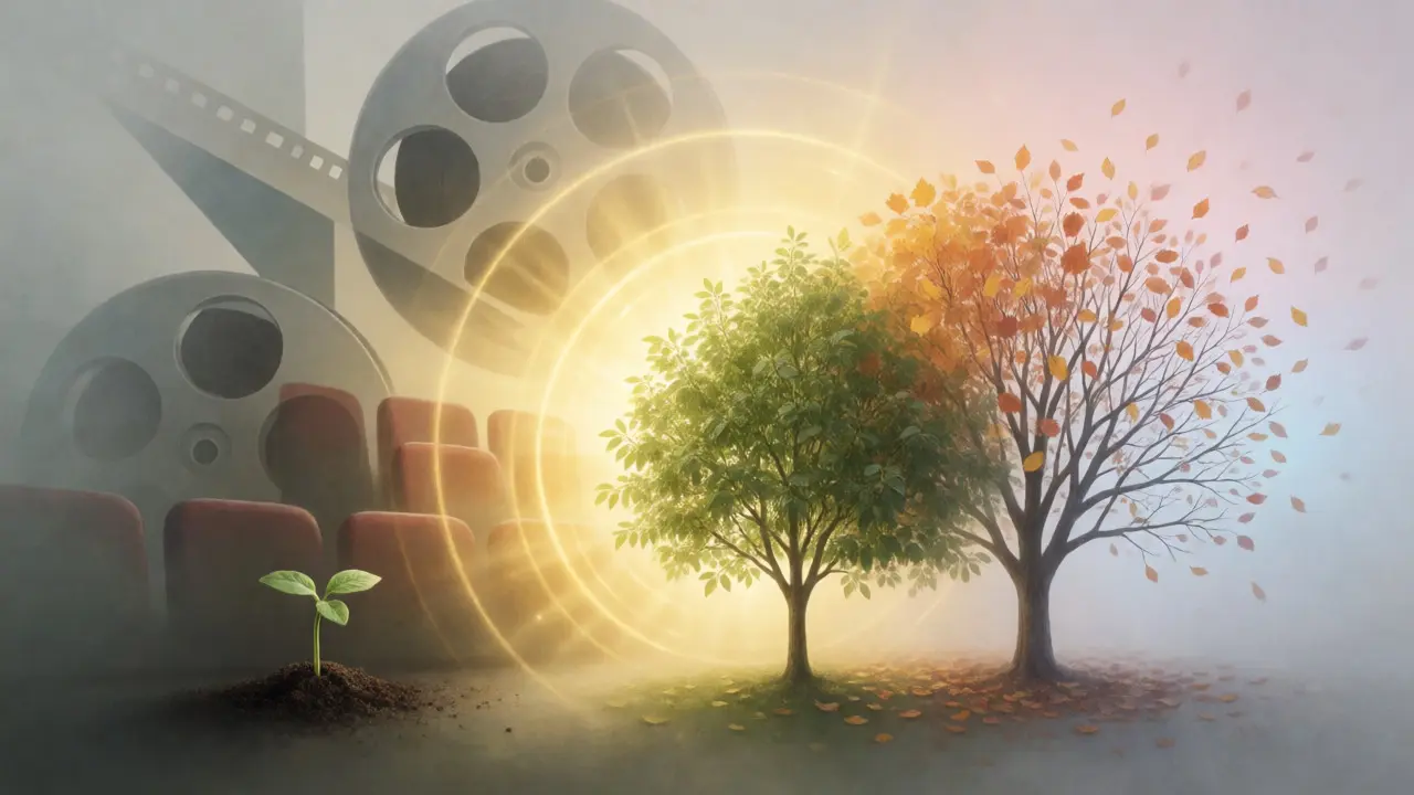 Conceptual illustration of an indie film's growth and decline represented by a blooming and shedding tree.