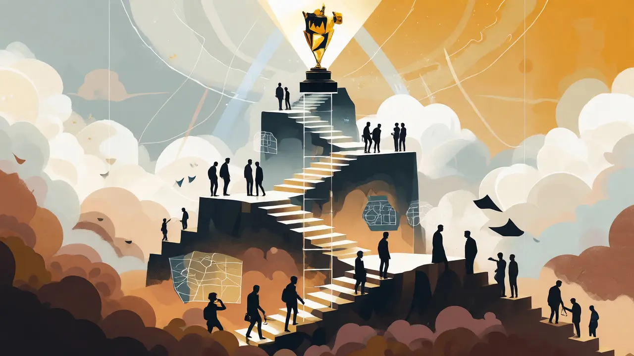 Conceptual illustration of festival hierarchy as a mountain path with filmmakers climbing