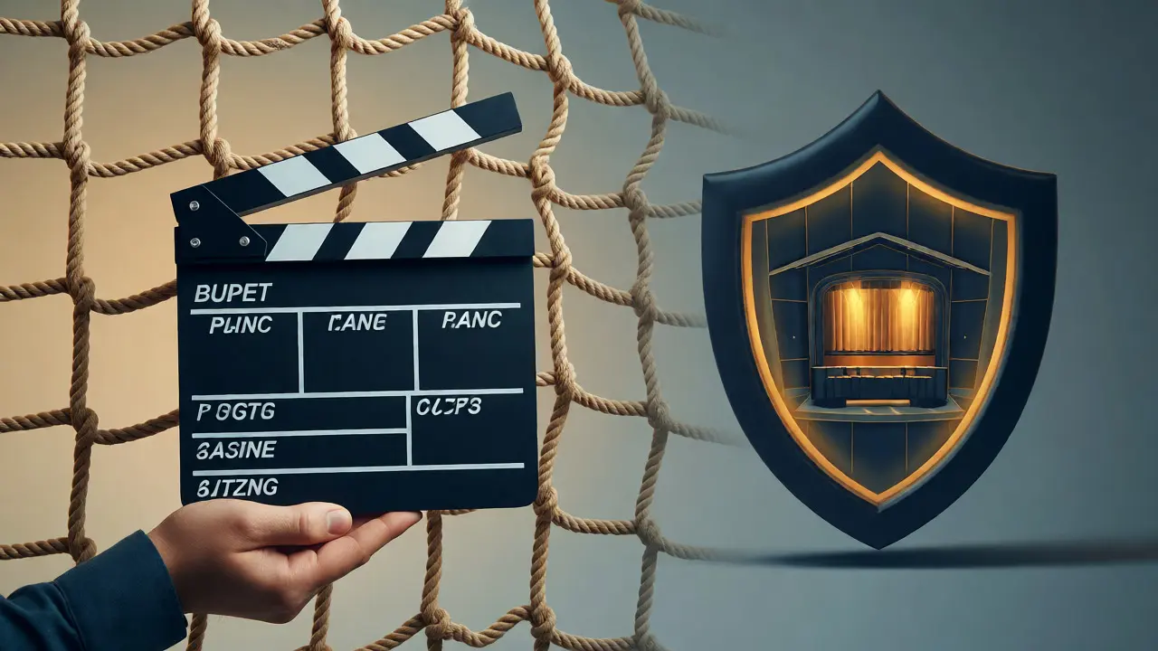 Conceptual image of a clapperboard overlaid with a protective rope net and shield.
