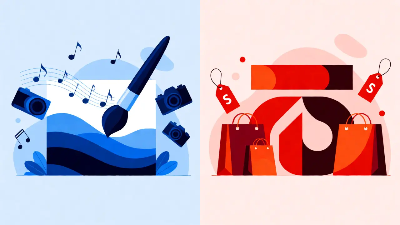 Conceptual split-screen illustrating copyright versus trademark symbols