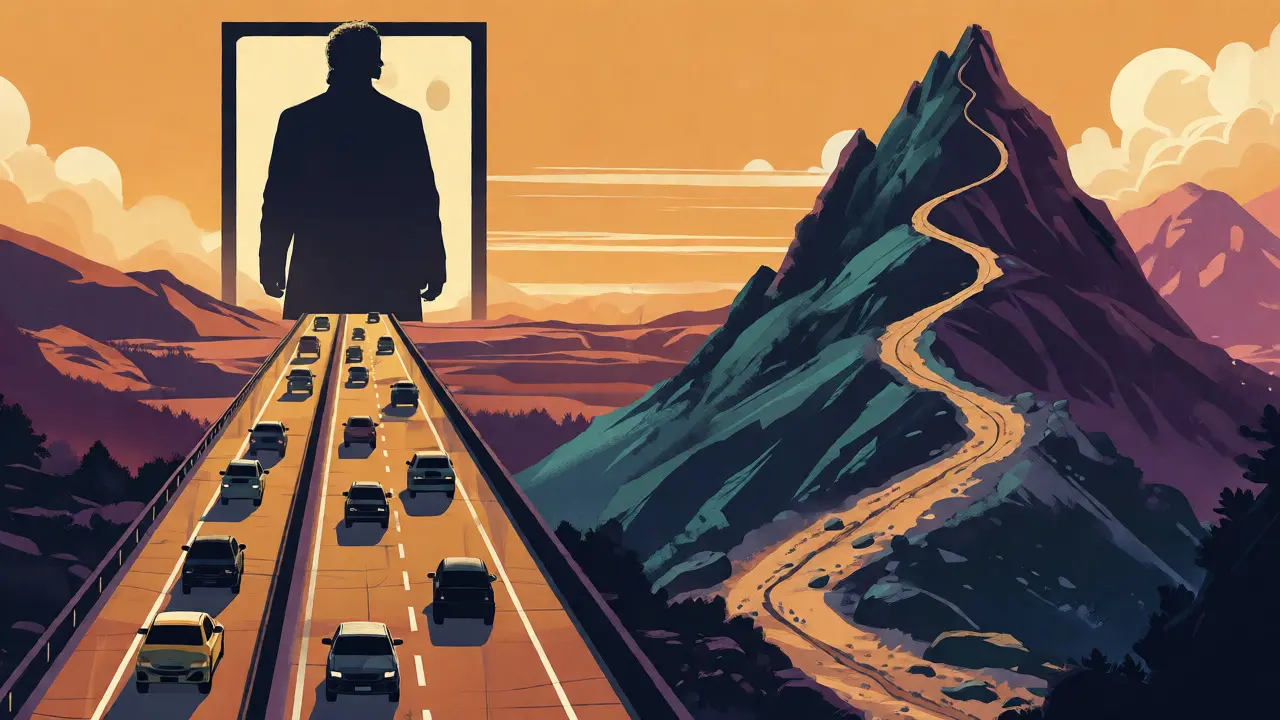 Conceptual split showing a straight highway for sequels versus a winding mountain trail for spin-offs.