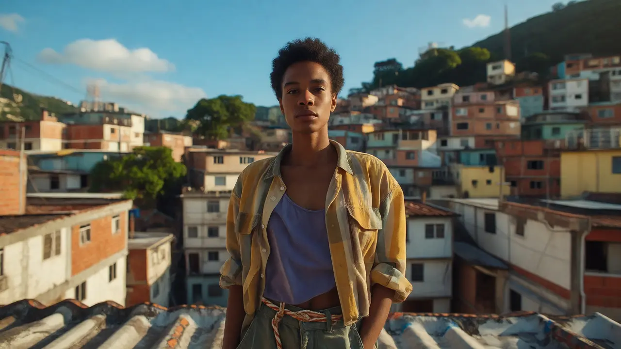 Confident Black trans woman on a Rio favela rooftop, showcasing agency.