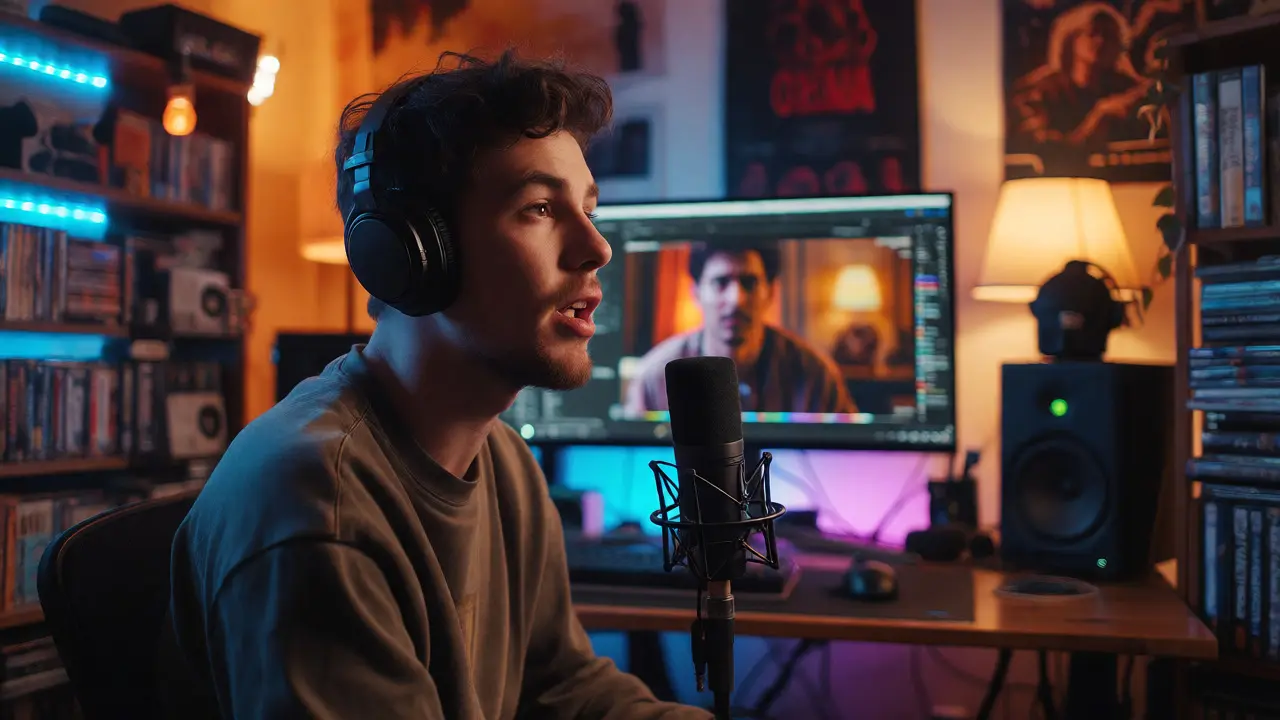 Content creator recording a video essay in a home studio with movie posters and monitors.