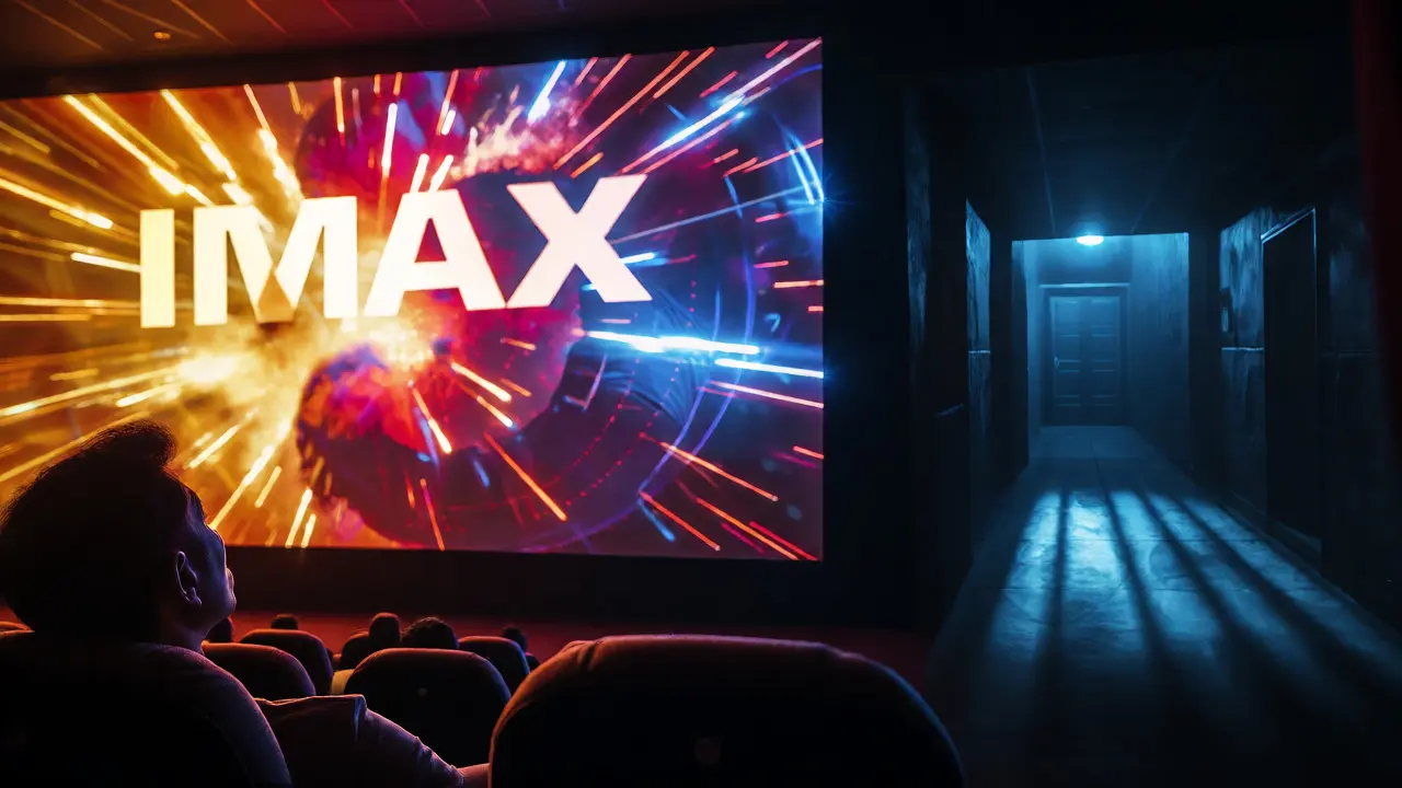 Contrast between a bright IMAX action scene and a dark horror film screening.