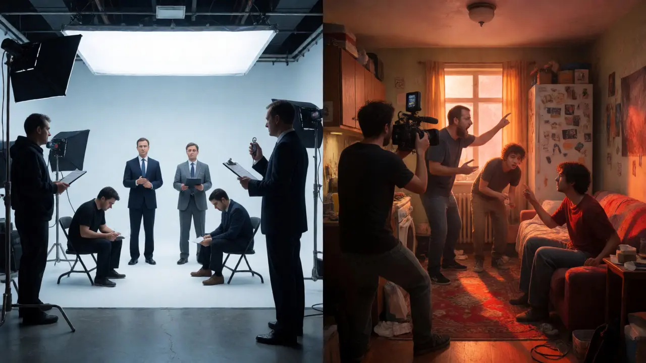 Contrast between a controlled bonded set and a chaotic indie shoot.