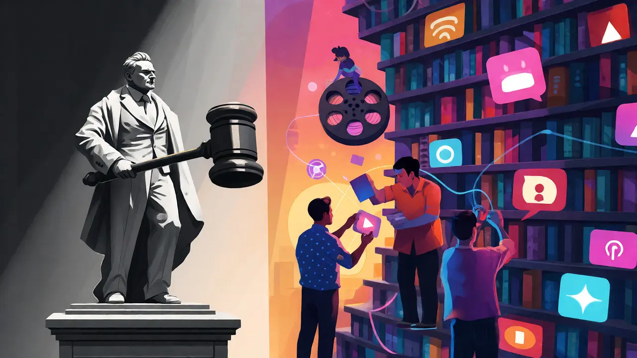 Contrast between traditional critic statue and modern digital curators.