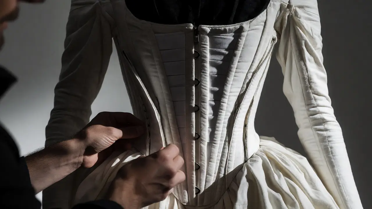 Costume designer adjusting a corset with visible modern construction details
