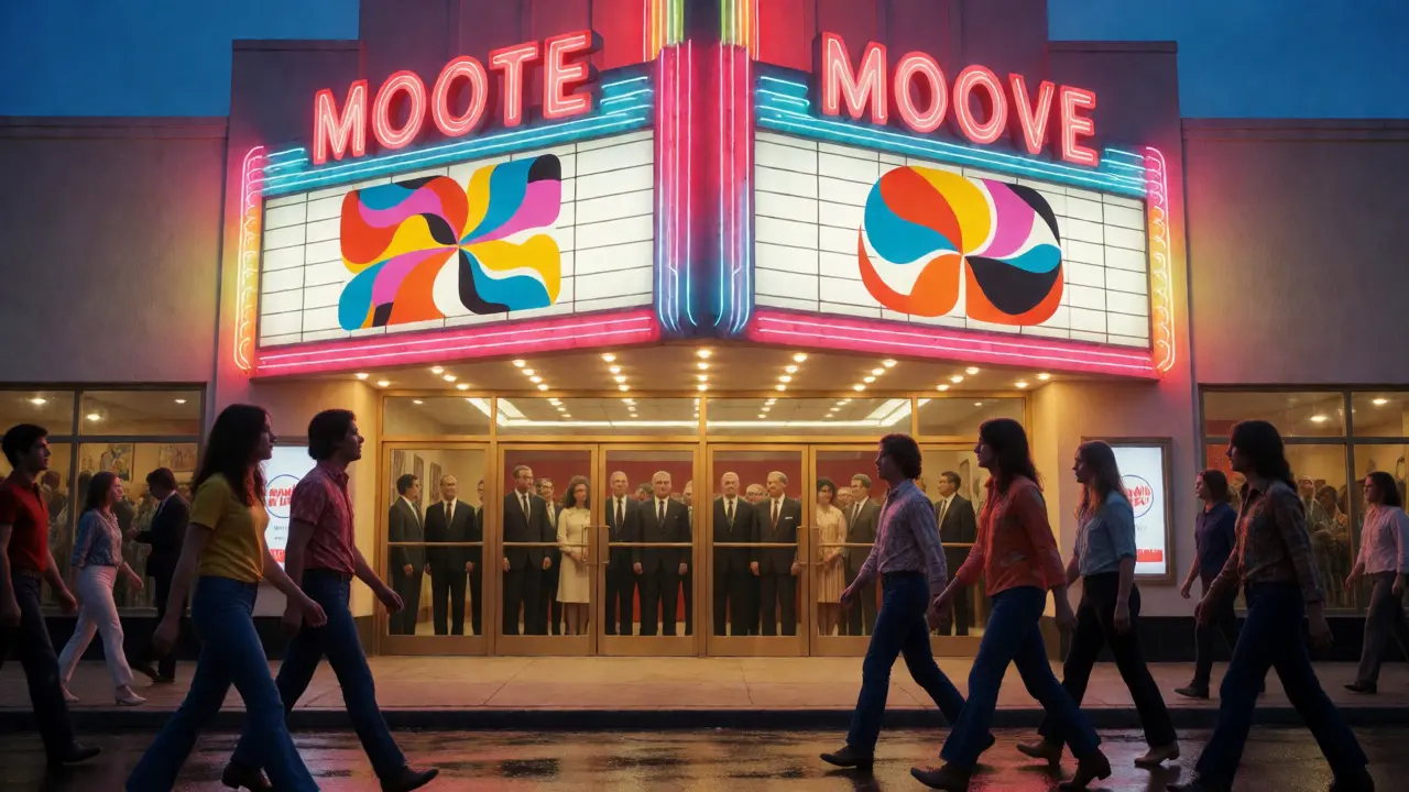 Counterculture youth walking past a glowing 1960s cinema