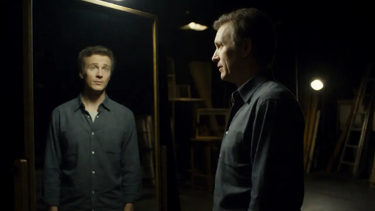 Creative professional looking in a mirror, reflecting on career relevance and aging.