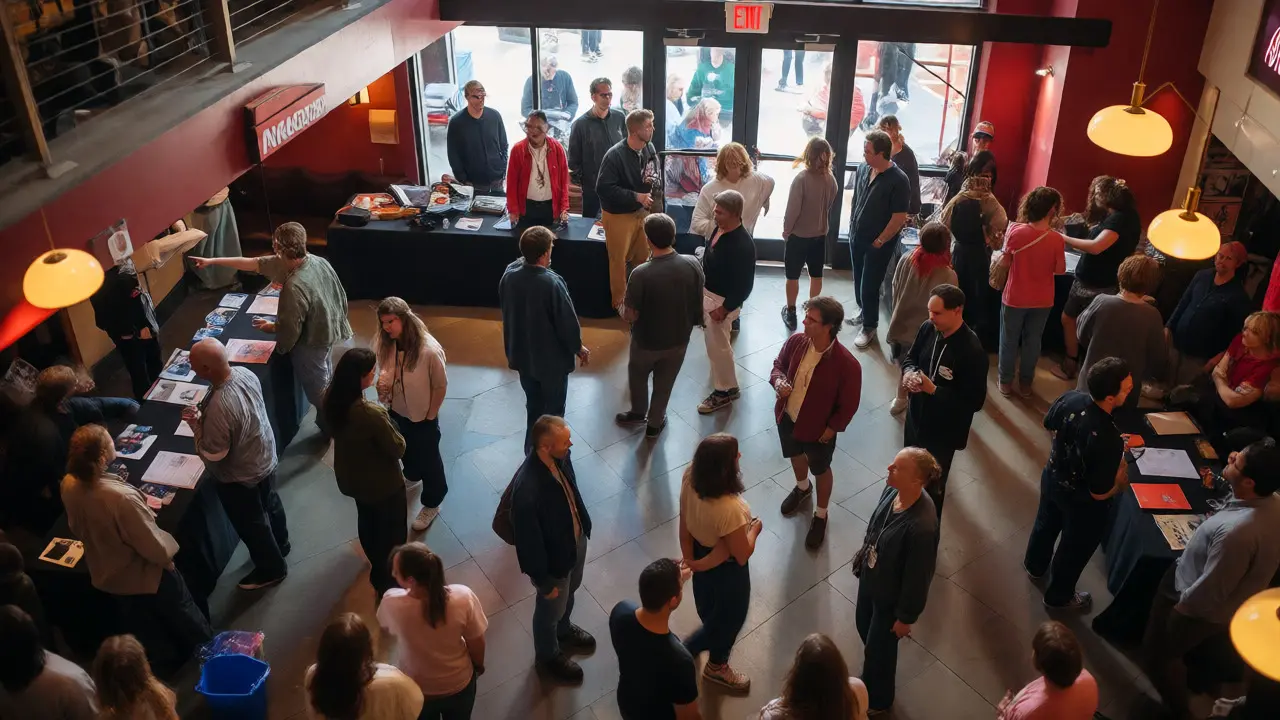 Crowd mingling in a theater lobby during a local film premiere event