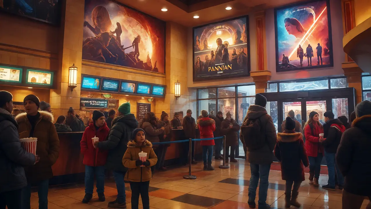 Crowded movie theater lobby filled with families during Christmas holidays