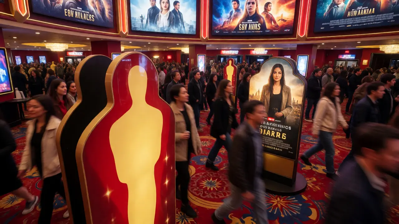 Crowded multiplex lobby in LA with golden award-themed displays and excited moviegoers.