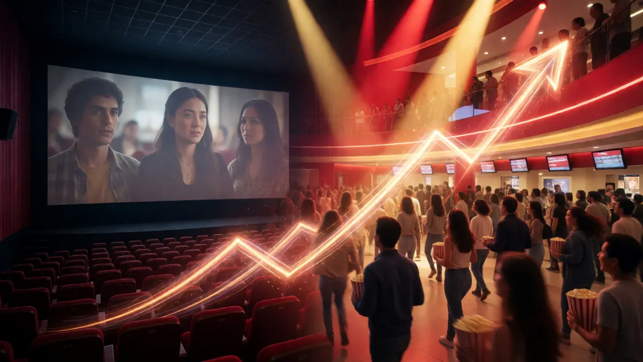 Crowds rushing into a bright multiplex versus an empty dark theater