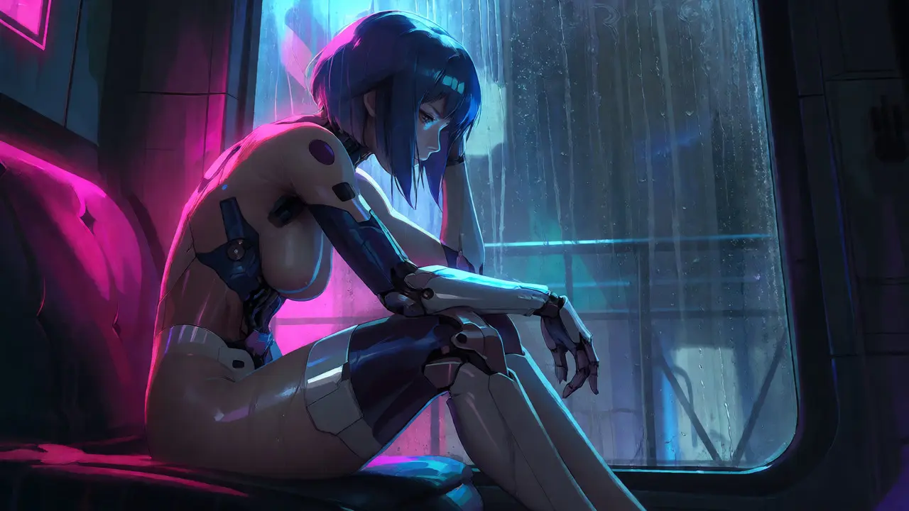 Cyberpunk anime style portrait of a cyborg in a rainy, neon-lit room exploring existential themes.