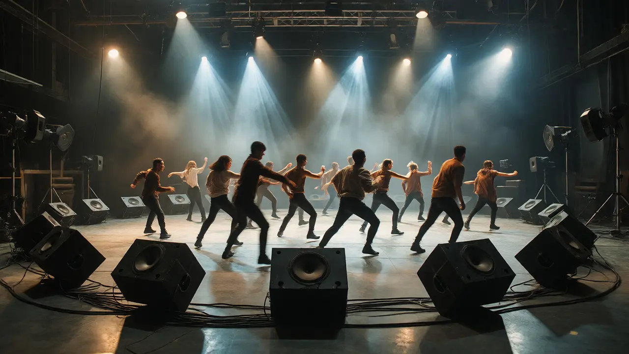 Dancers performing with directional speakers on set