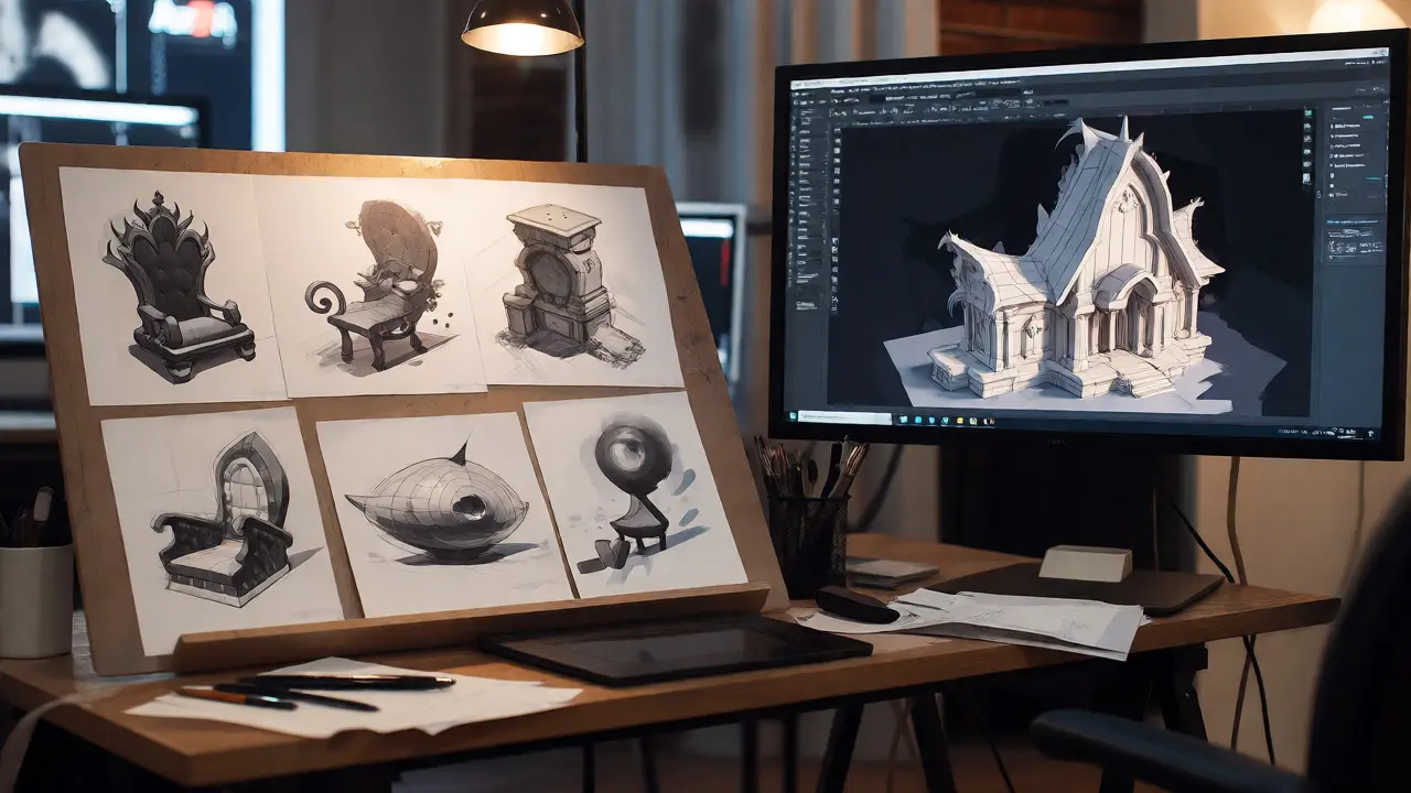 Designer workspace with sketches of a chair in multiple styles and 3D models.