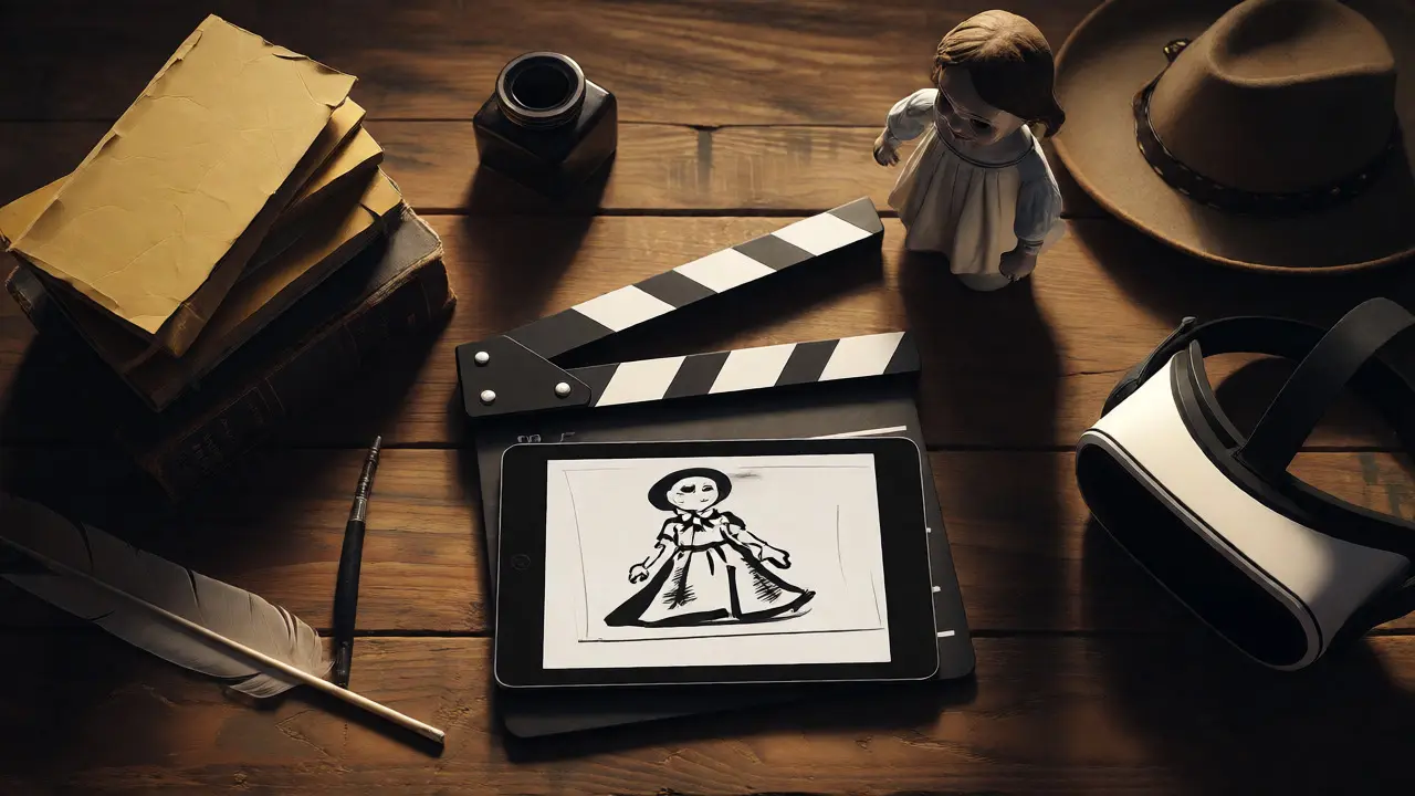 Desk with books, clapperboard, and props representing various film genres