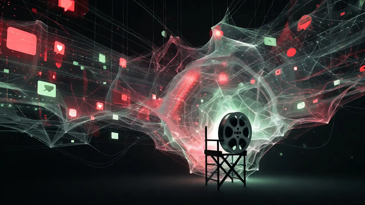 Digital data web surrounding a film reel, symbolizing algorithmic impact on cinema.
