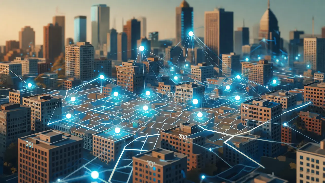 Digital map showing glowing audience hotspots over a city