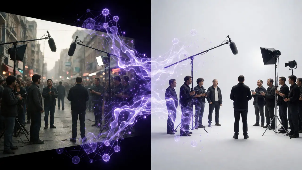 Digital visualization of AI inpainting transforming raw footage
