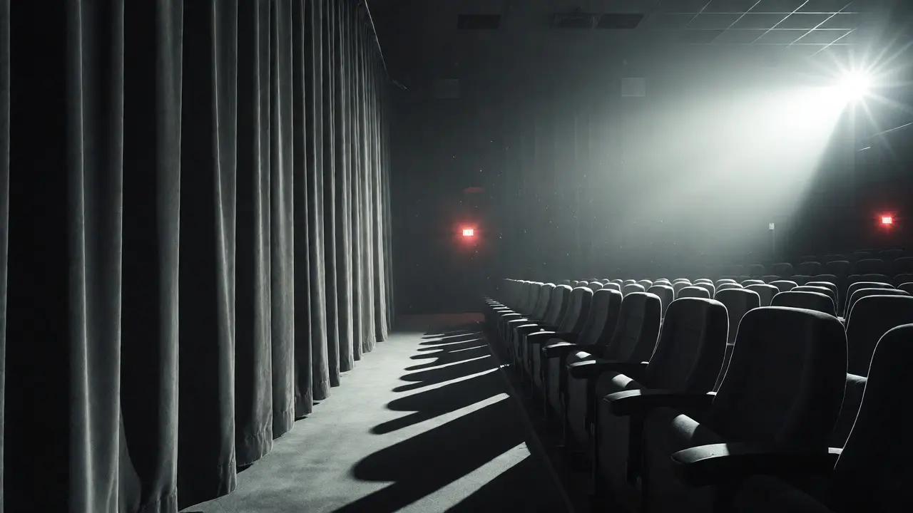 Dim theater aisle with dramatic light beams and dust, representing cinematic tension and silence.