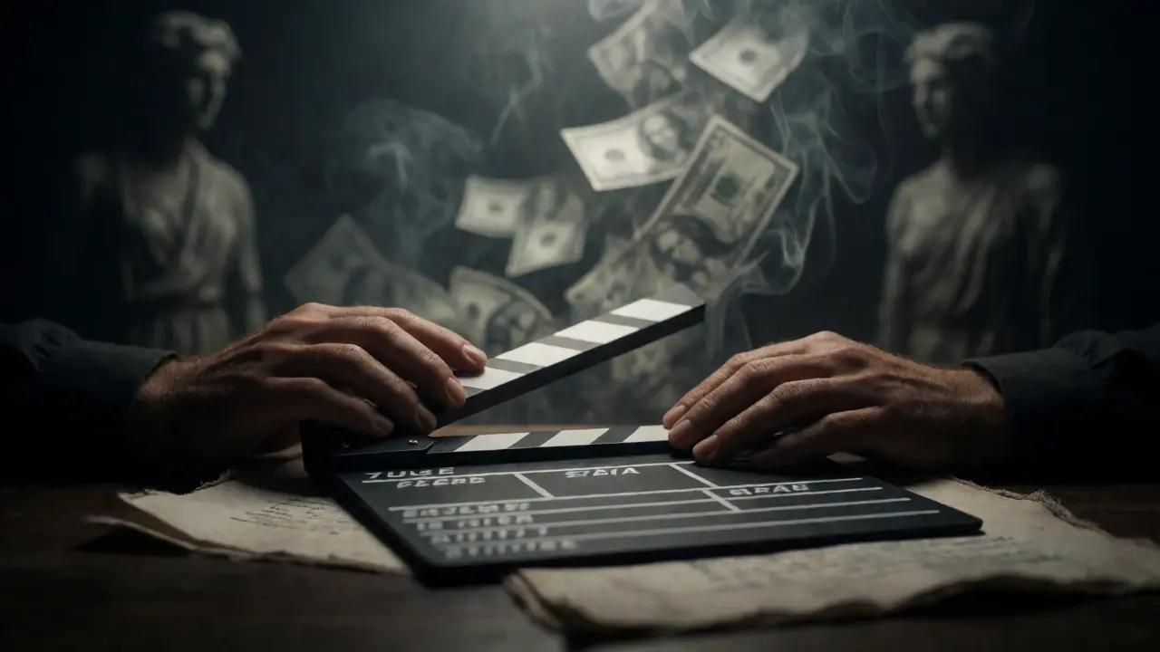 Director's hands on a clapperboard with symbolic financial risk in background.