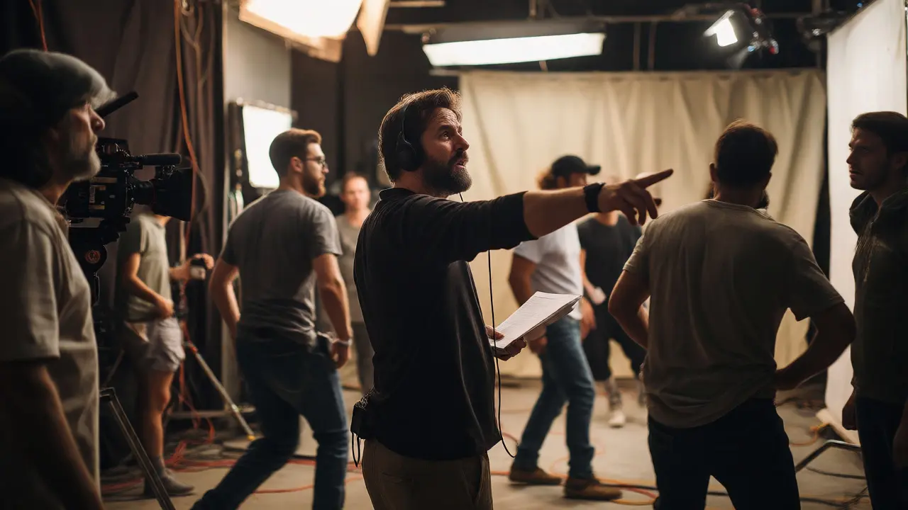 Director actively guiding crew and actors on a busy film set